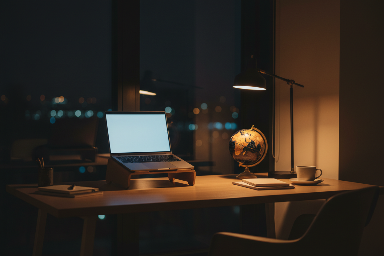 Professional workspace with laptop and globe